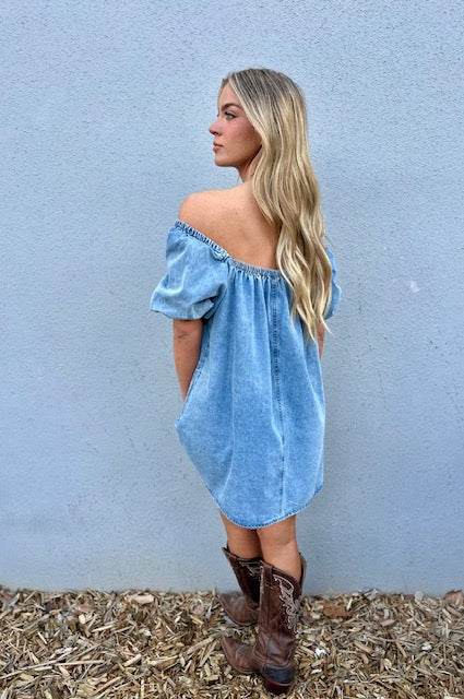 Ruby Bubble Sleeve Denim Babydoll Dress