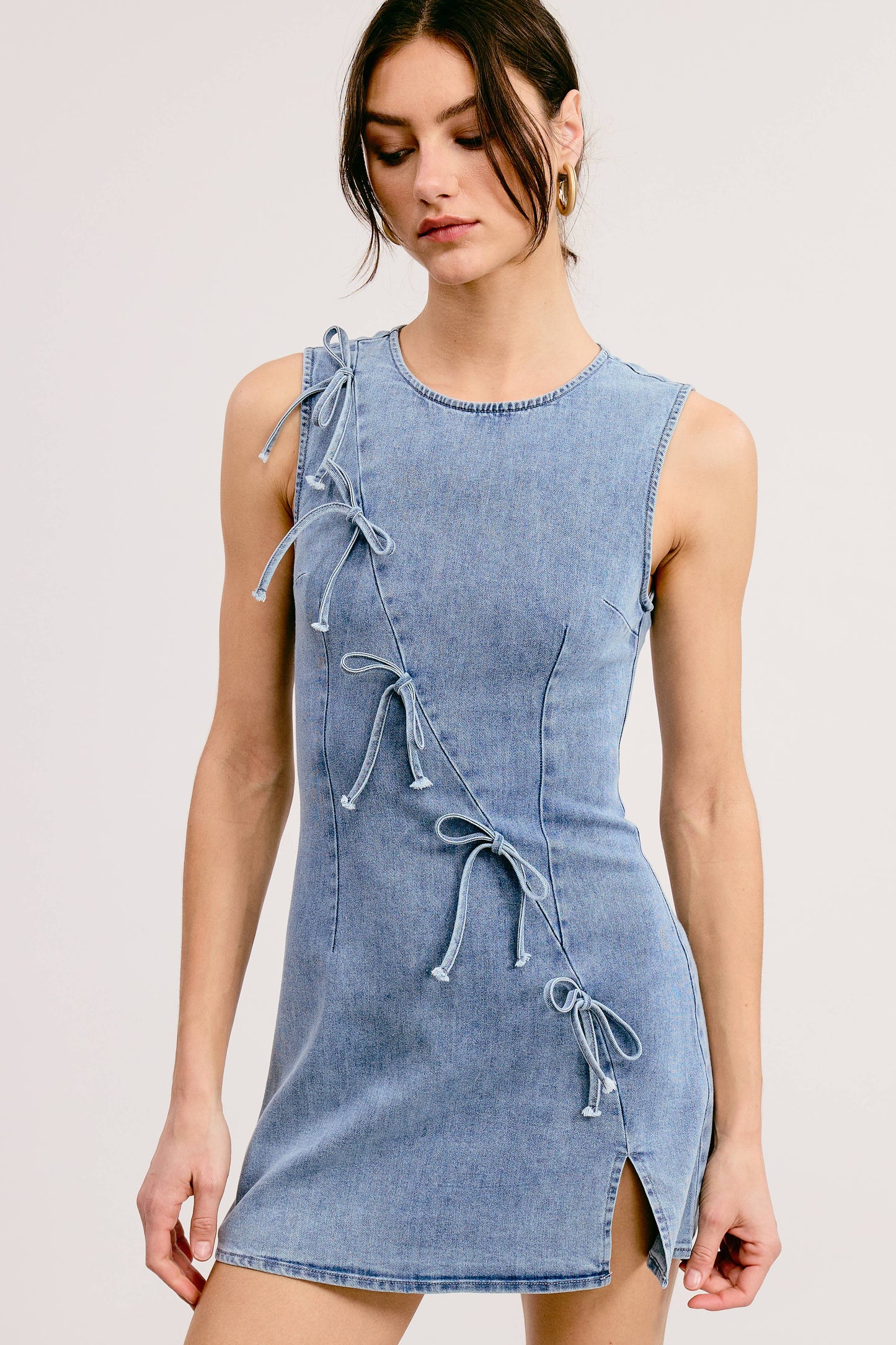 The Bow & Go Mini Dress – Light Wash Denim