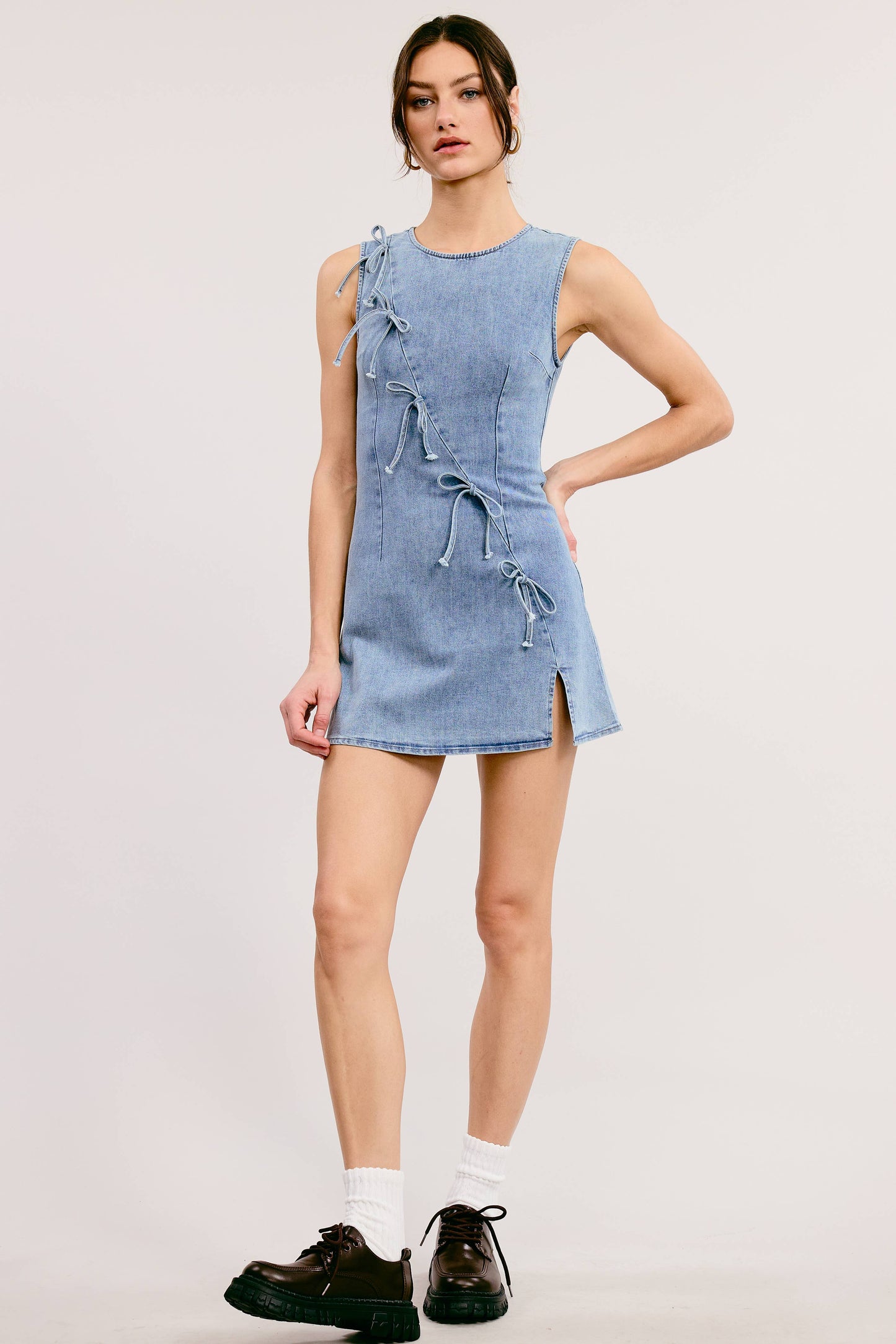 The Bow & Go Mini Dress – Light Wash Denim
