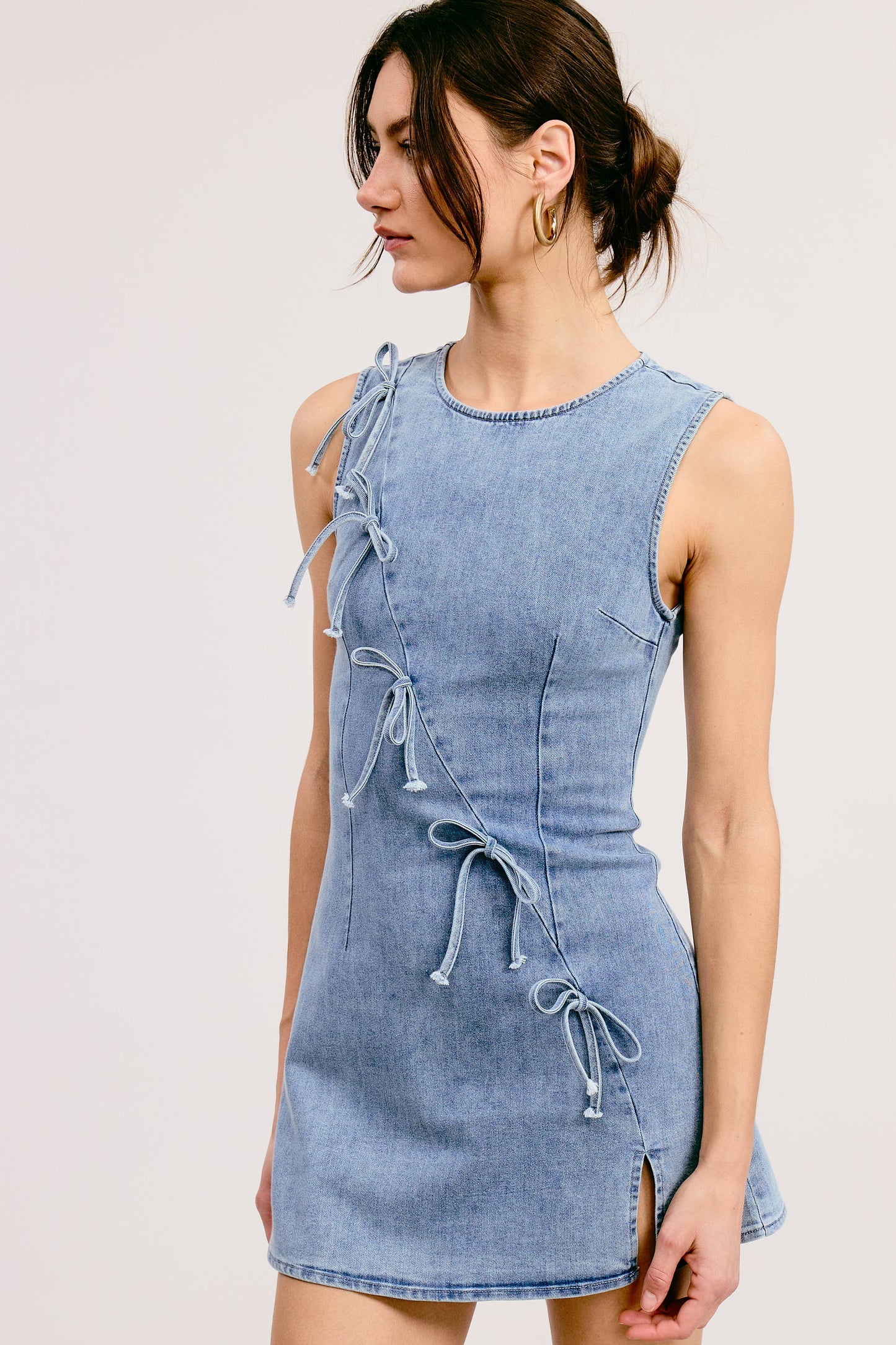 The Bow & Go Mini Dress – Light Wash Denim