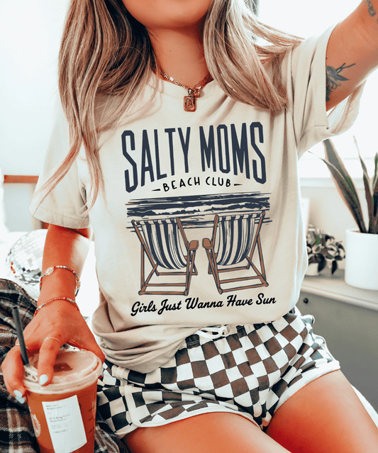 Salty Moms Beach Club Graphic Tee – Summer Coastal Mom Life T-Shirt