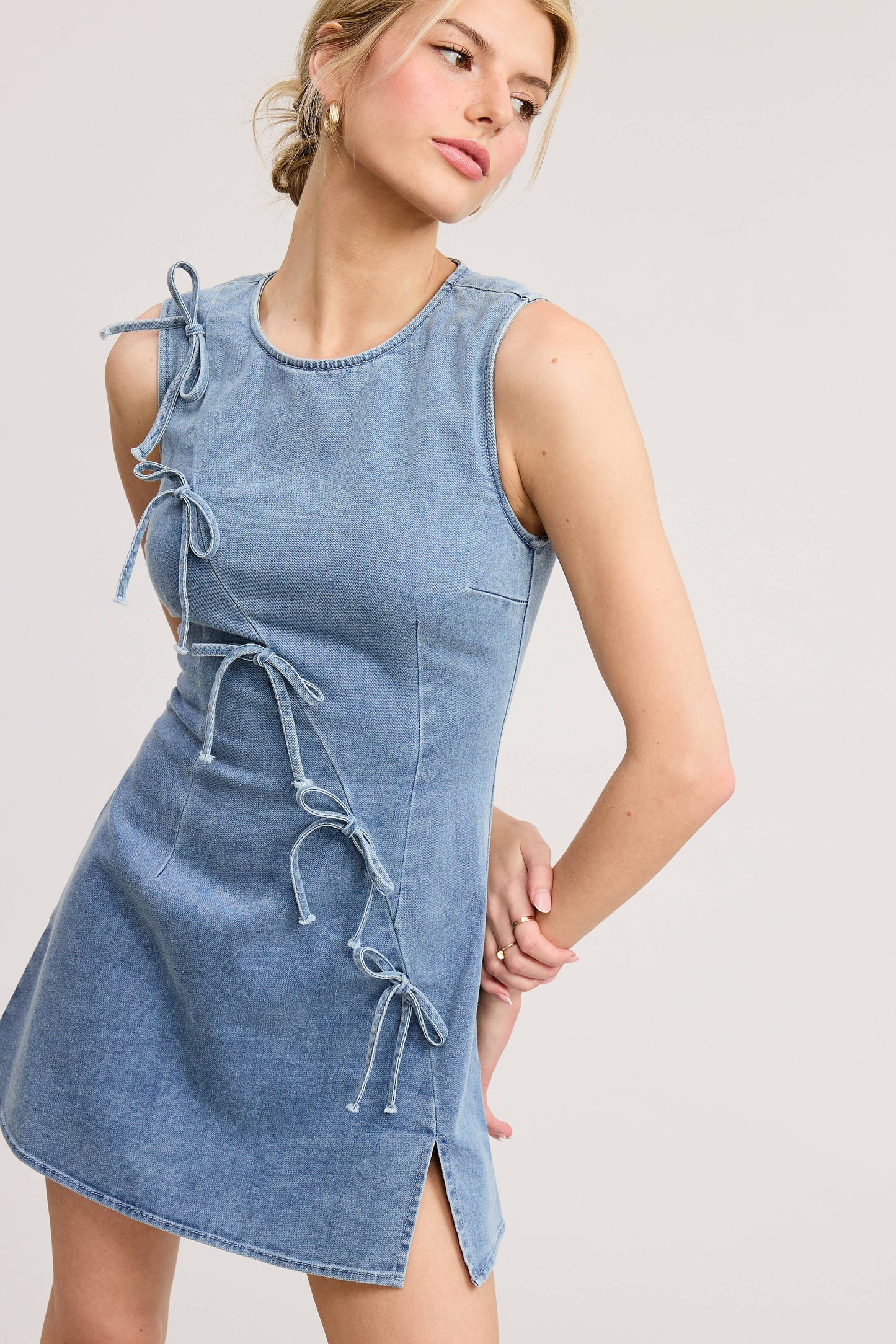 The Bow & Go Mini Dress – Light Wash Denim