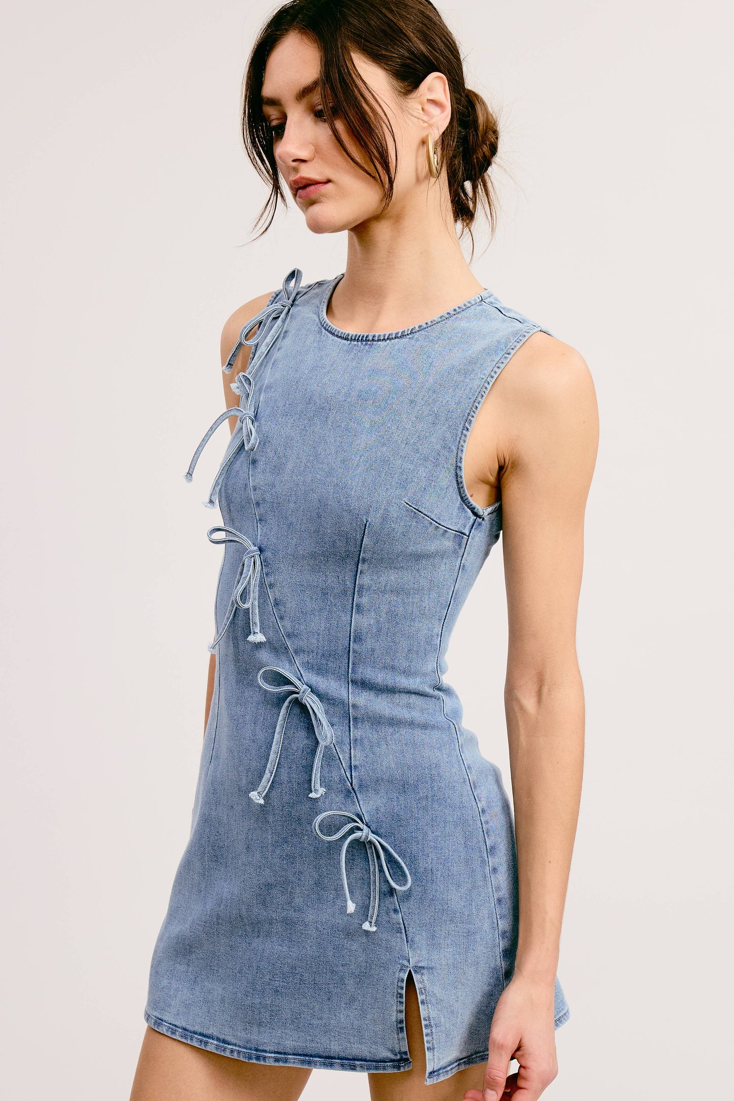 The Bow & Go Mini Dress – Light Wash Denim