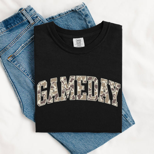Black t-shirt with Camo Crunch Game Day Tee  'GAMEDAY' print on blue jeans