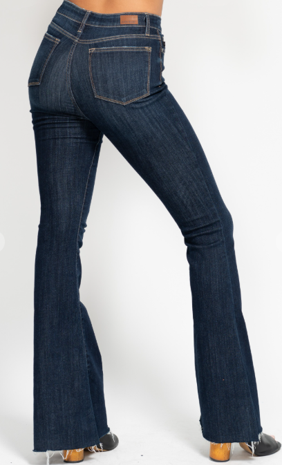 Judy Blue High-Rise Medium Wash Flare Jeans with Frayed Hem