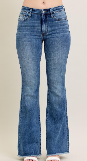 Judy Blue Vintage Wash Flare Jeans with Frayed Hem