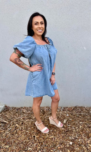 Ruby Bubble Sleeve Denim Babydoll Dress