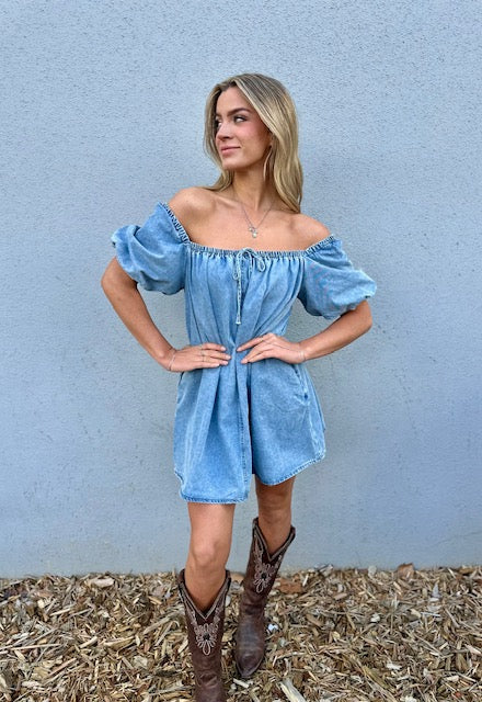 Ruby Bubble Sleeve Denim Babydoll Dress