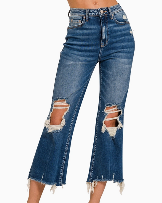 Rebel Distressed Flare Capri Jeans