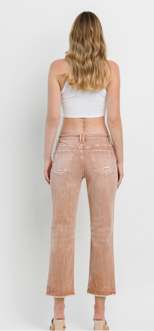 Flying Monkey High Rise Criss Cross Waistband Crop Straight Jeans – Distressed Tan