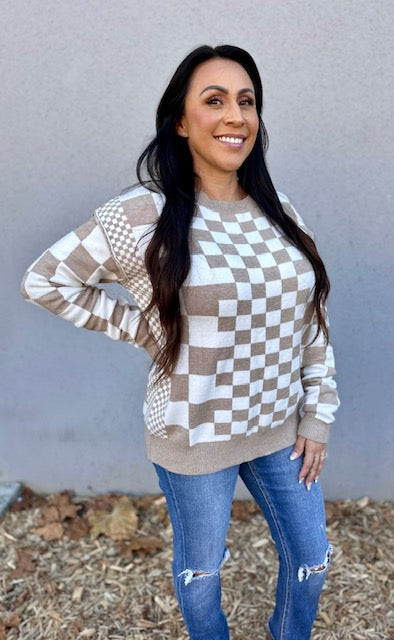 Sophia Checkered Round Neck Sweater