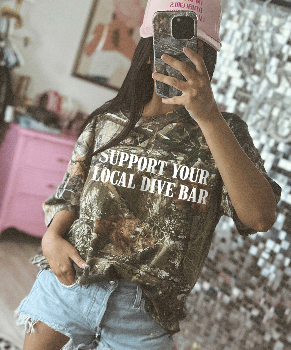 Camo “Support Your Local Dive Bar” Graphic Tee – Vintage Country Camo Shirt