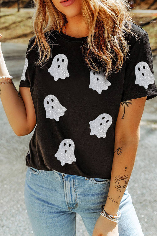 Black boo crew tee with glitter ghost graphics and Boo Crew text, styled casually for spooky season.