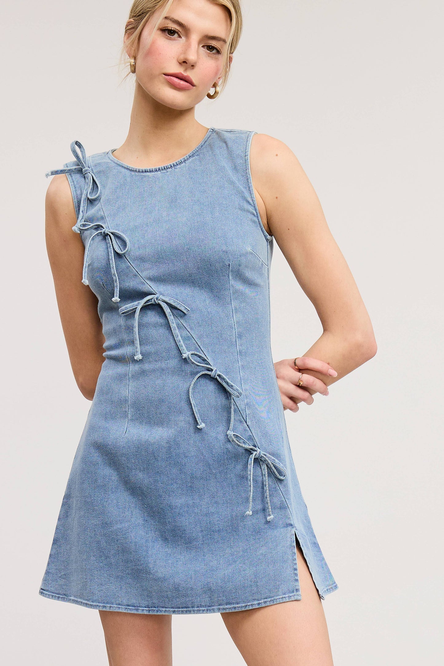 The Bow & Go Mini Dress – Light Wash Denim