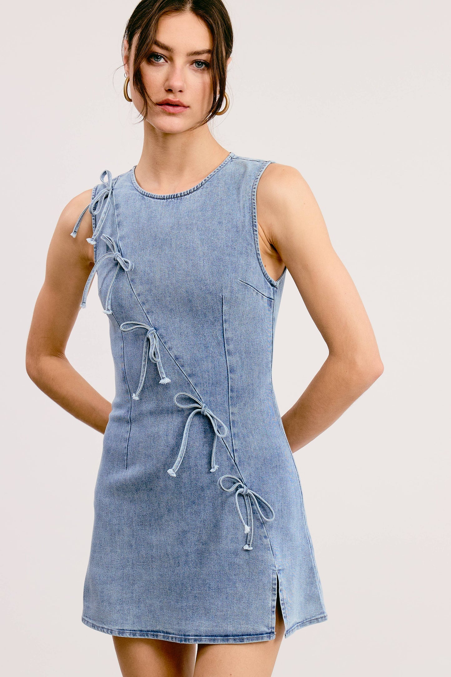 The Bow & Go Mini Dress – Light Wash Denim