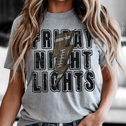 Vintage grey friday night lights tee with lightning bolt and football graphic, styled for fall nights.