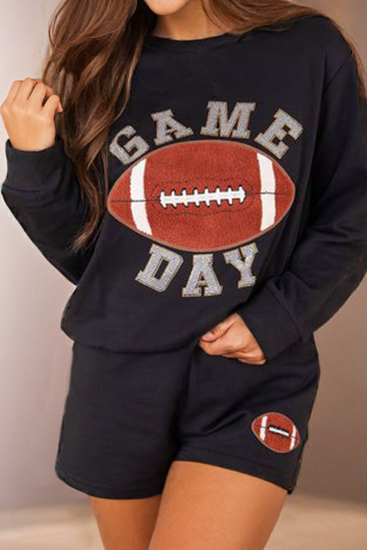 Black sunday kick off game day lounge set with football graphic, perfect for relaxed game day vibes.